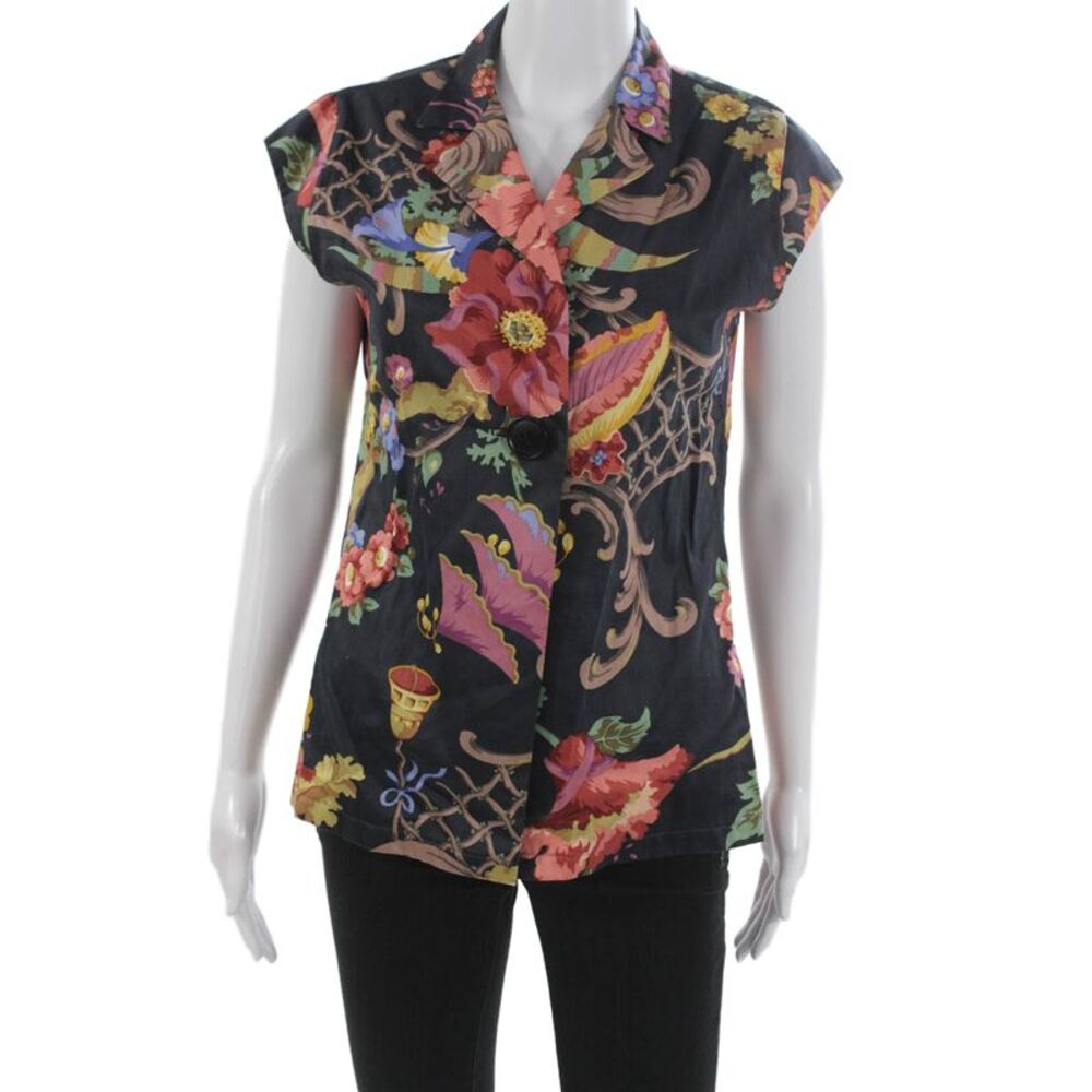 Muze Women Floral Cotton Collared Short Sleeve Blouse Size S